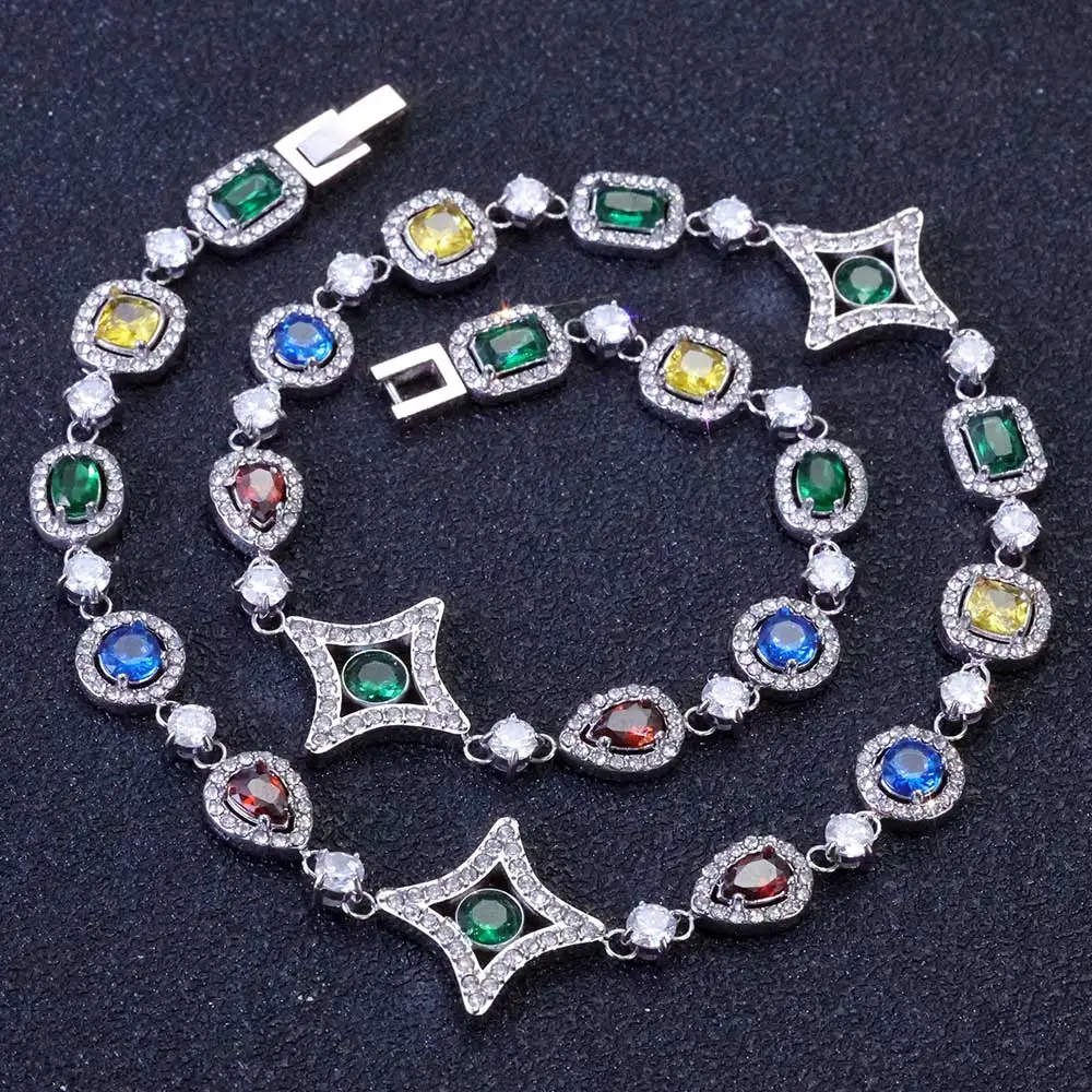 Hip Hop Style New Colored Gemstone Necklace Stainless Steel Zircon Geometric Pattern Necklace Suitable For Men Women