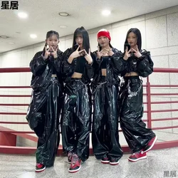 New Women Group Jazz Dance Outfits Black Shiny Leather Coats Leather High Waist Wide Leg Pants Street Dance Performance Clothing