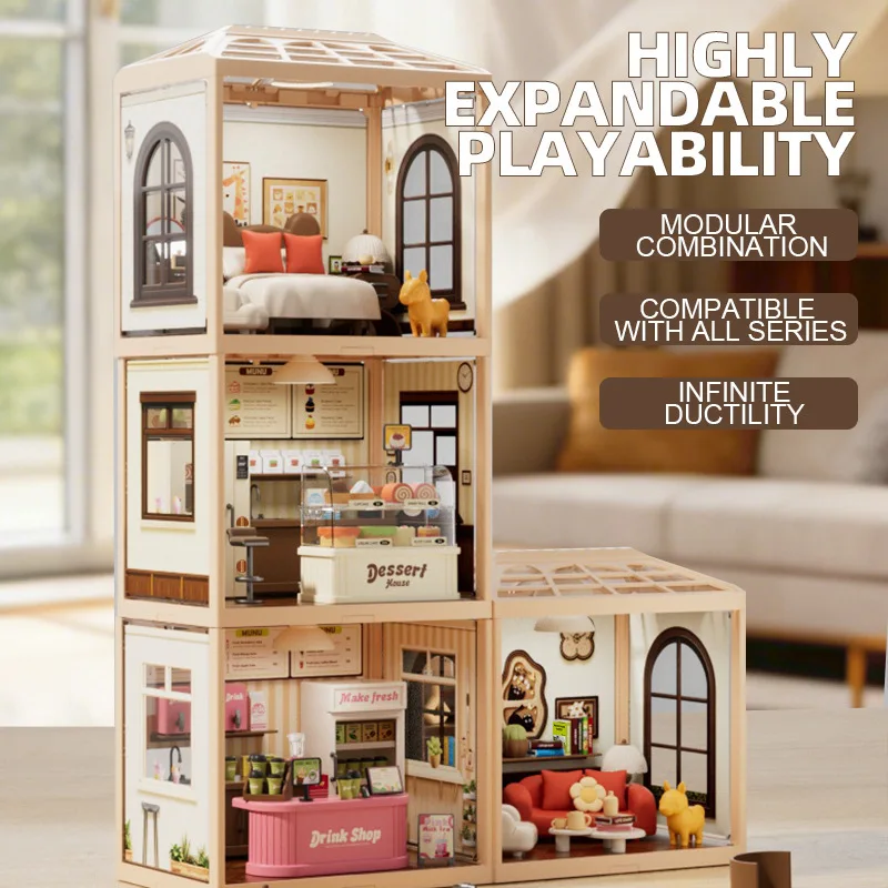Dollhouse Miniature DIY Room Kit, 2-Story Dessert & Drink Shop Scene, Assembled Building Model, Pretend Play Educational Toy
