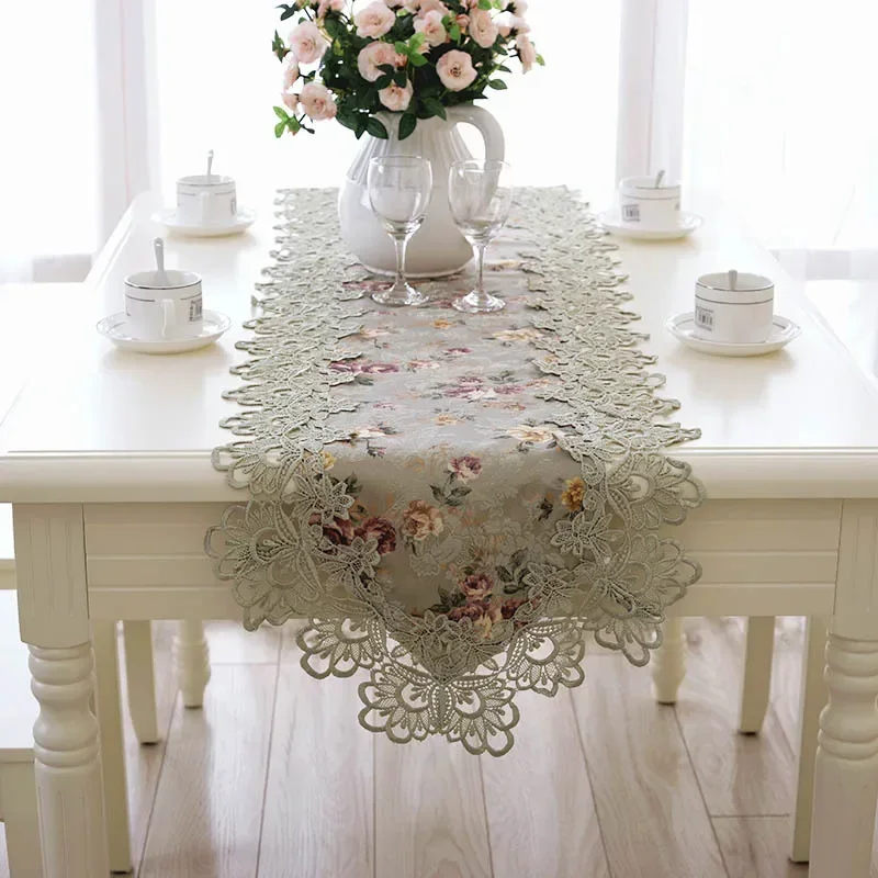 Table Runner For Dining Table Cloth Runners Green Flag Flower Embroidered Elegant Europe Lace Pastoral Home Decoration Placemats