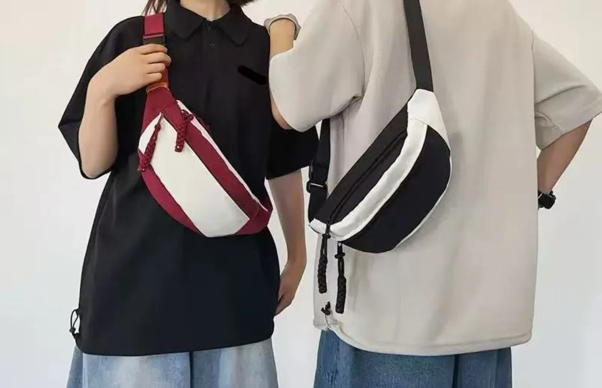 Portable canvas crossbody bag with adjustable shoulder strap design and compact waist bag, suitable for outdoor sports
