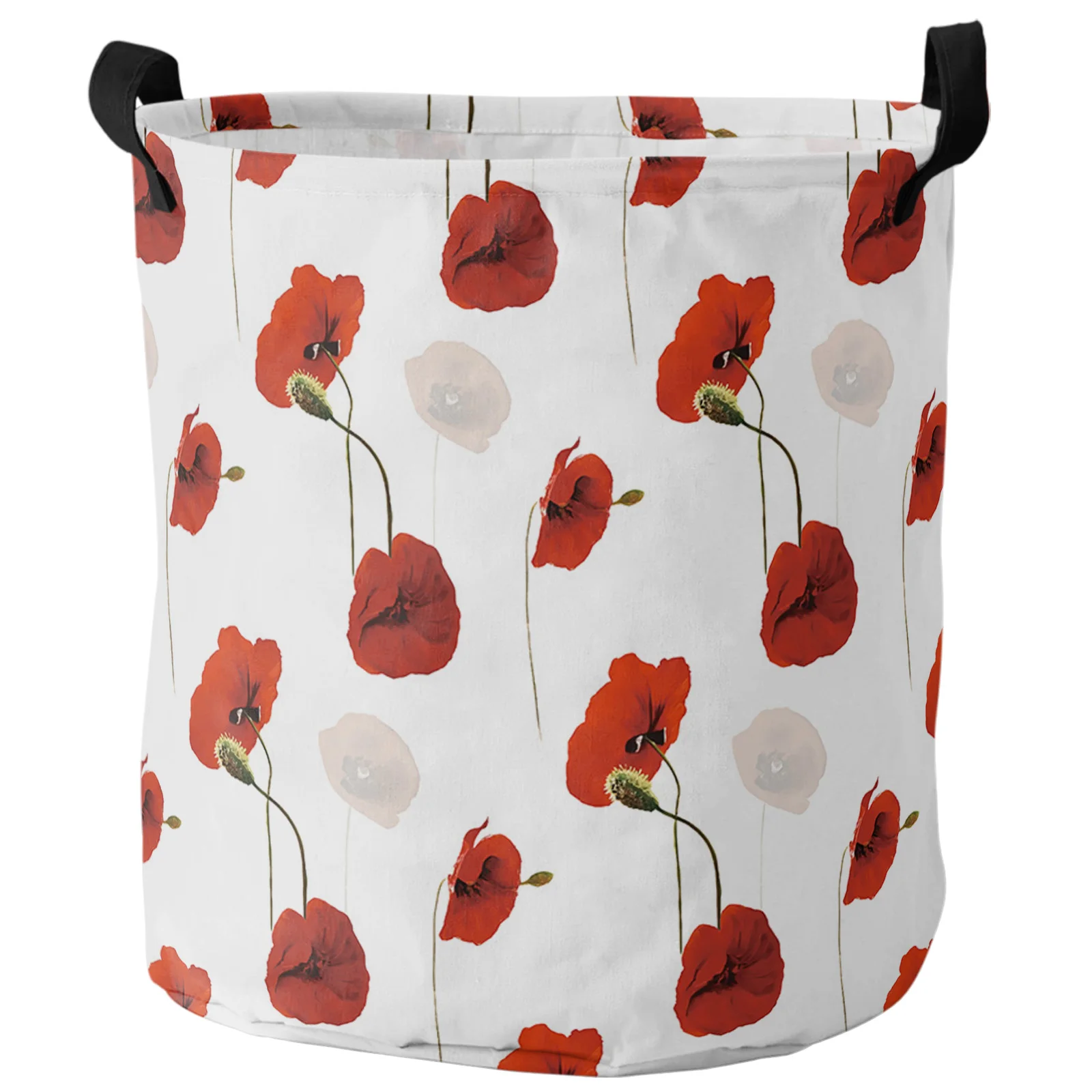 Flower Red Poppy White Dirty Laundry Basket Foldable Round Waterproof Home Organizer Basket Clothing Children Toy Storage Basket