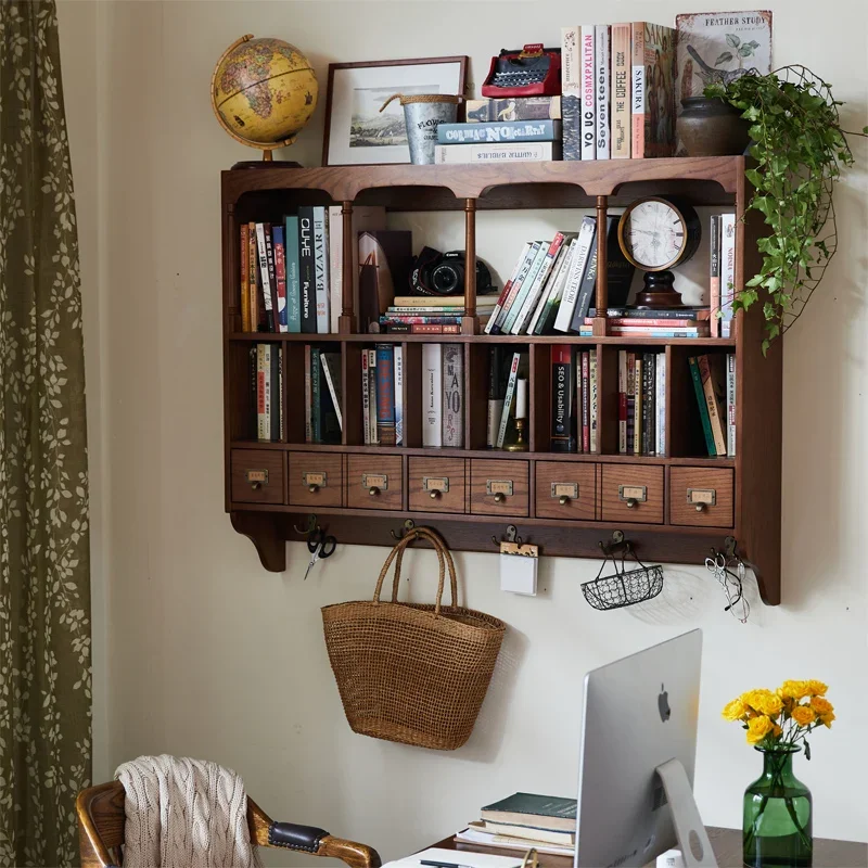American solid wood wall cabinet shelves, retro wall-mounted bookshelves, dining room Suitable for indoor use