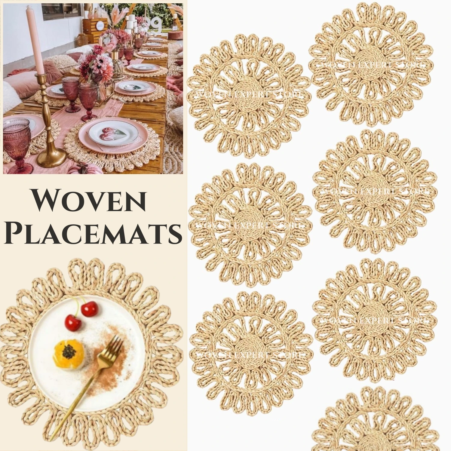 6/8/12/24PCS Wedding Boho Table Mats Woven Placemats Straw Braided Tablemat Farmhouse Decor for Baby Shower Party 13.5inch