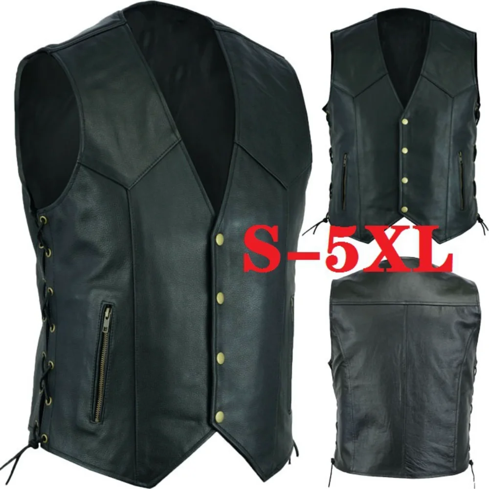 Men's Leather Vest Jacket V-neck Single Breasted Zipper Strap Short Large Size 5XL Sleeveless Top Coats Fashion Ropa De Hombre