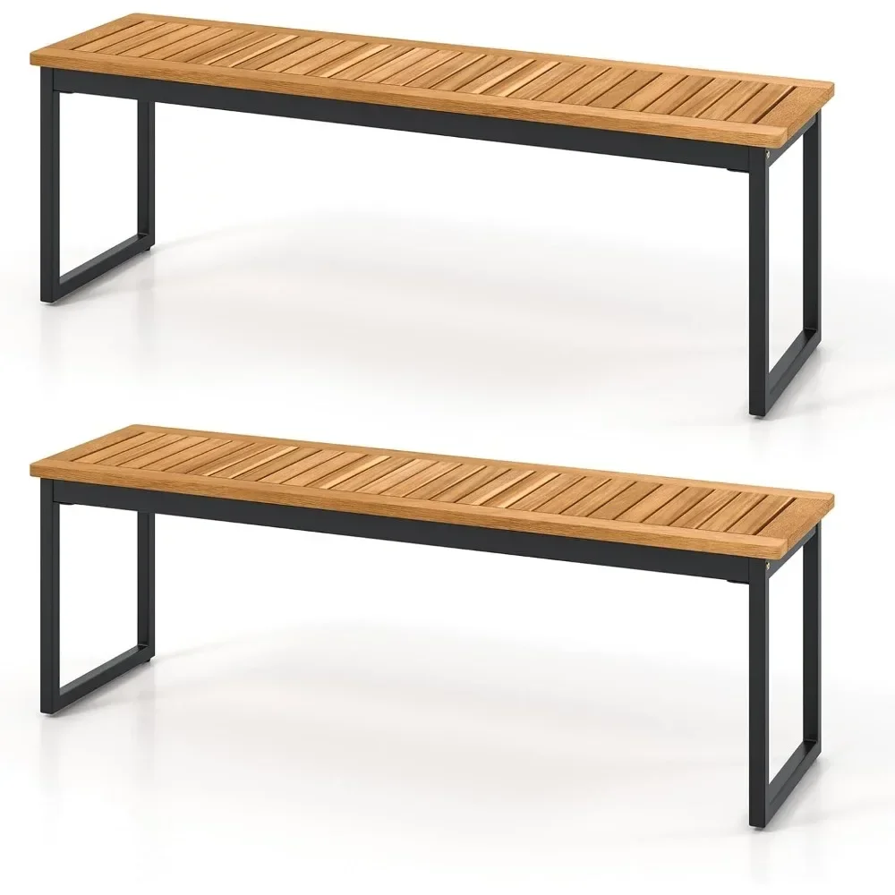 

Patio Dining Bench Set of 2, 2-3-person Backless Bench with Slatted Seat & Metal Legs