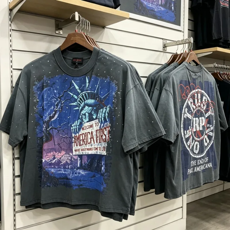 

Оверсайз футболки RARE PEACE с обратной строчкой, граффити, выцветшими буквами, стразами, коротким рукавом, для мужчин и женщин