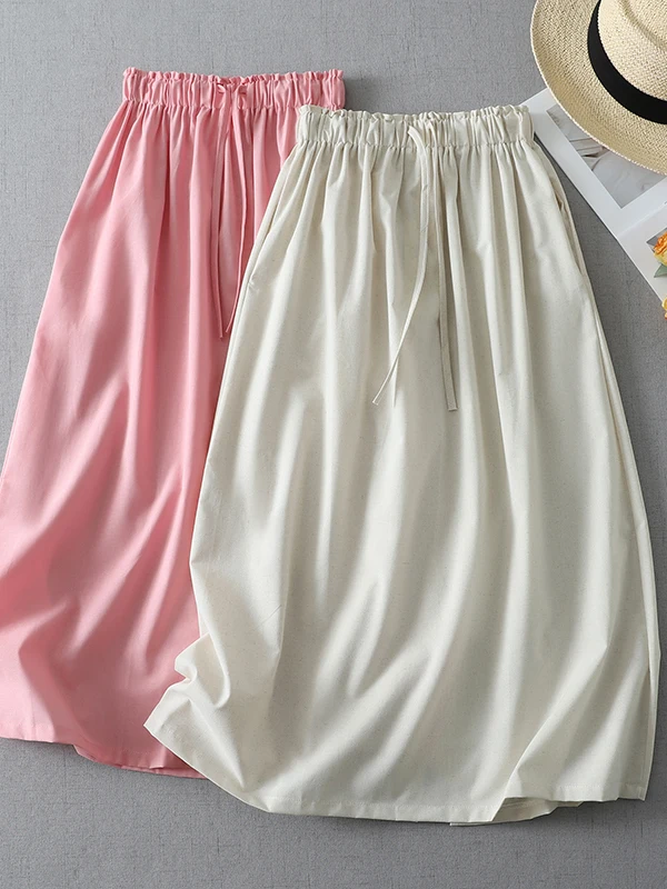 plus Size Women's Summer Elastic Waist Drawstring Slimming Loose Versatile Skirt Midi Dress Korean Style Casual A-Line Skirt