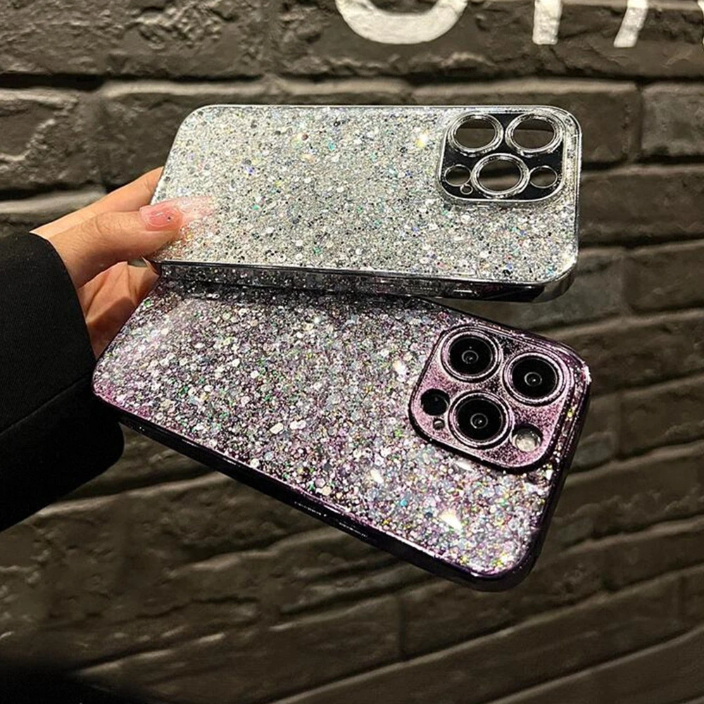 Luxury Plating Frame Bling Glitter Sequins Phone Case For iPhone 15 11 12 13 14 Pro Max Plus Soft Silicone Bumper Sparkle Cover