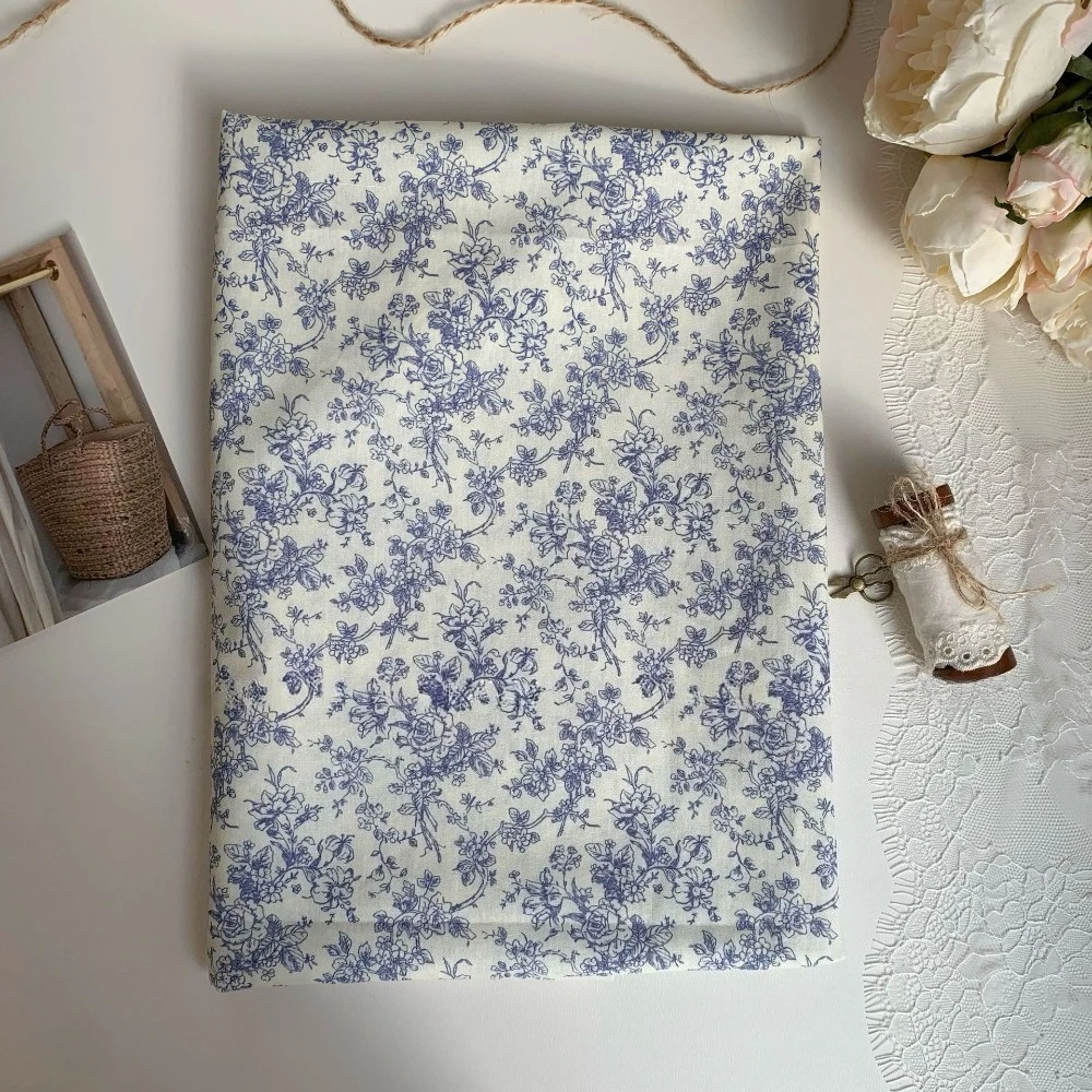 140x50cm 40s 100% Cotton Printed Fabric Ins Style Minimalist Fresh Blue Floral Fabric for DIY Hair Tie Bag Garment Craft