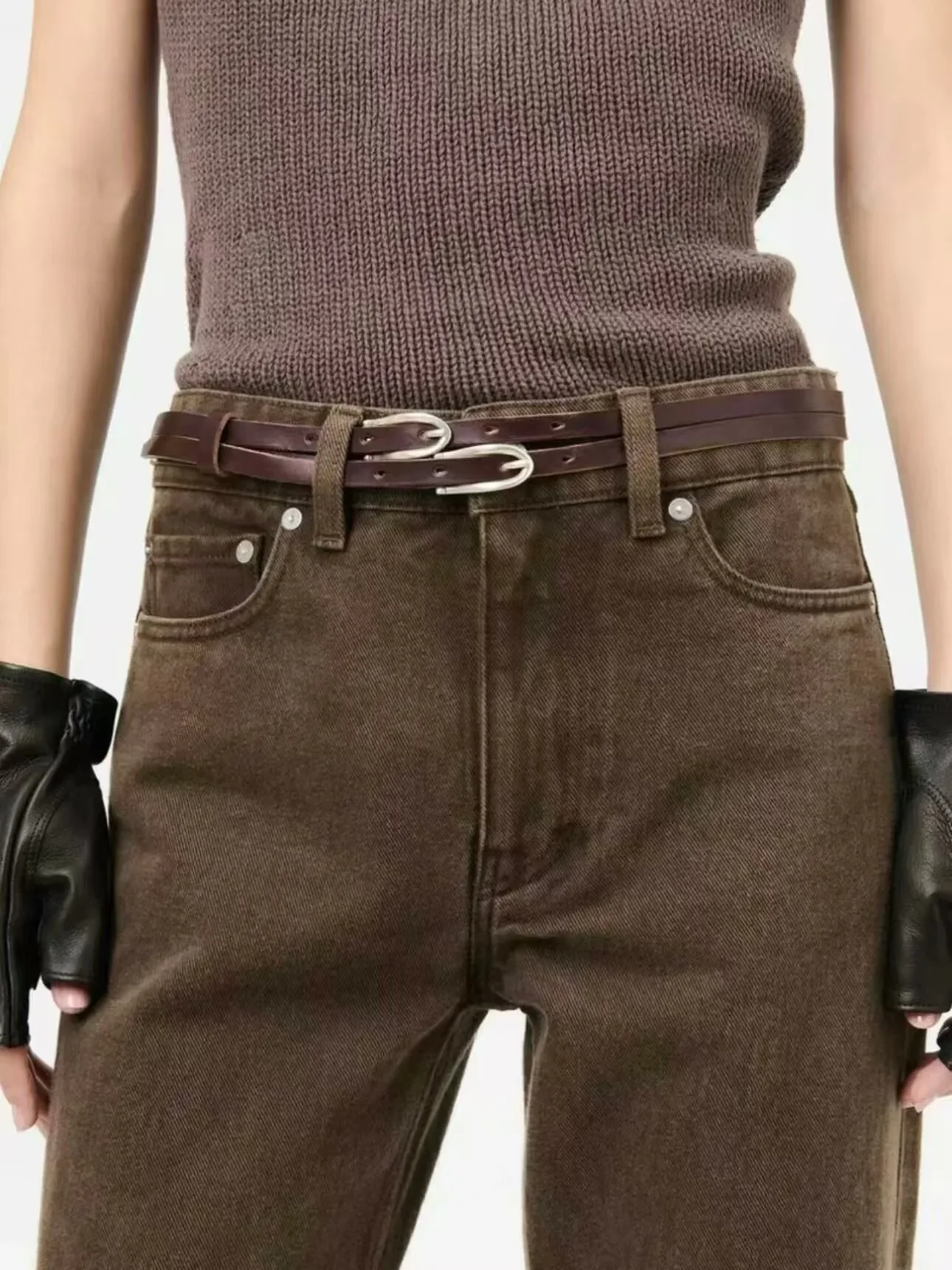 Our Legacy Style Double Button Head Cowhide Irregular Slits Thin Belt Silver Buckle Belt