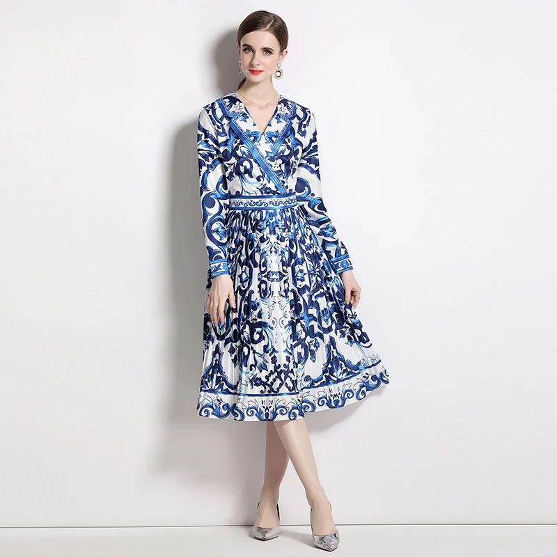 Spring Fashion Blue and White Porcelain Shirt Midi Dress Women Clothing Notched Collar Long Sleeve Pleated Dress Vestidos N2040