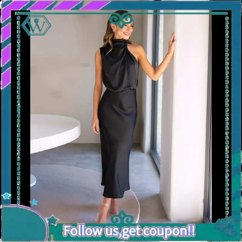 A09P Abito estivo in raso da donna 2025 Abiti lunghi da cocktail party eleganti senza maniche con collo a lupetto