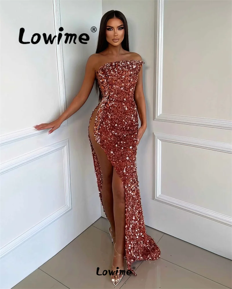 

Orange Mermaid Prom Dress Beaded Crystal Sequined Evening Gowns Strapless Party Second Reception Wedding Engagement Dresses Robe