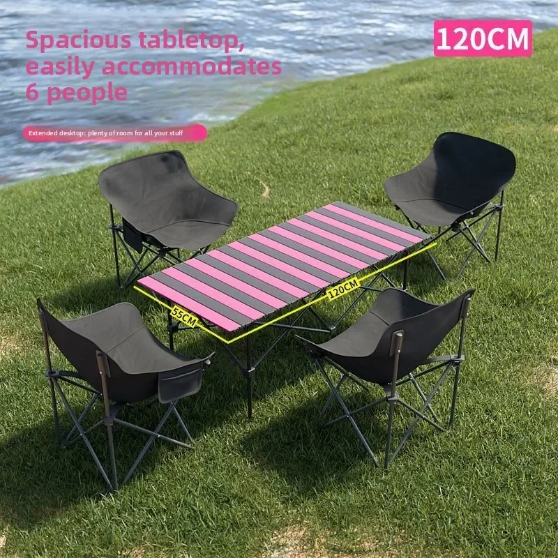 Outdoor folding table and chair set Upgraded thickened portable camping stall equipment Egg roll table Moon chair