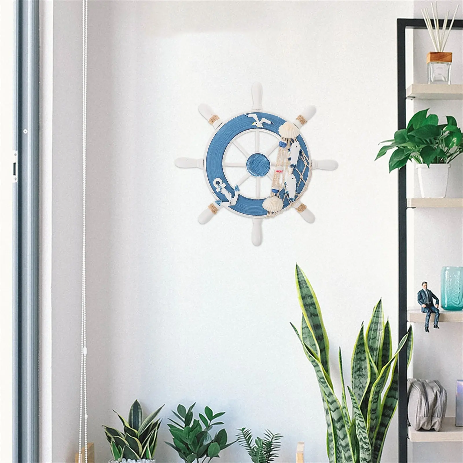 Wooden Ship Wheel Light Blue White 8 Spokes Nautical Wall Decor Mediterranean Style Boat Steering Wheel Fishing Net Home