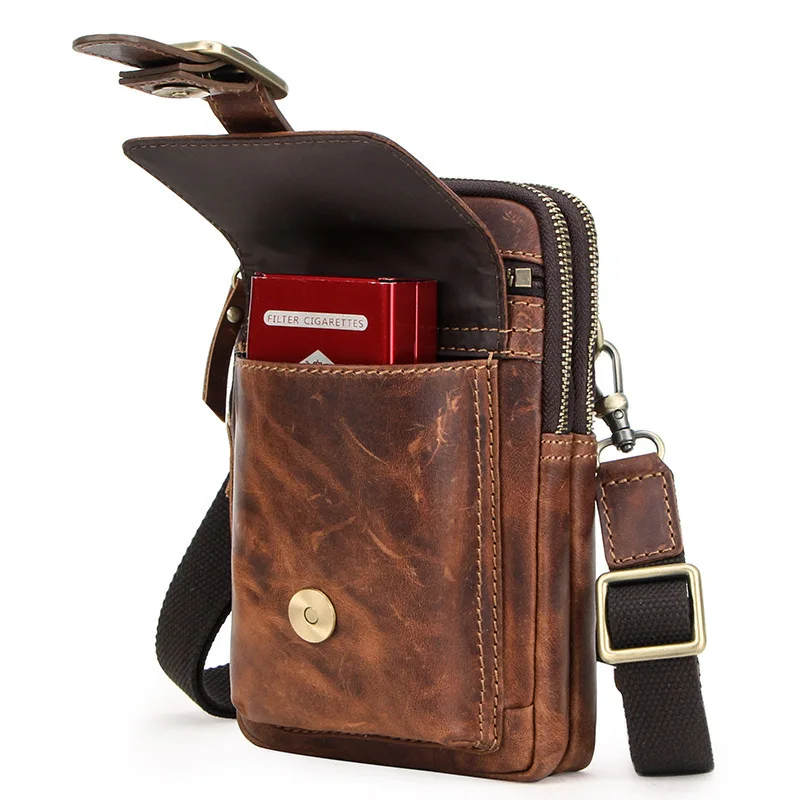 British Style Top Layer Cowhide Crazy Horse Cowhide Men One Shoulder Crossbody Bag Fashion Casual Leather Sports Phone Waistpack