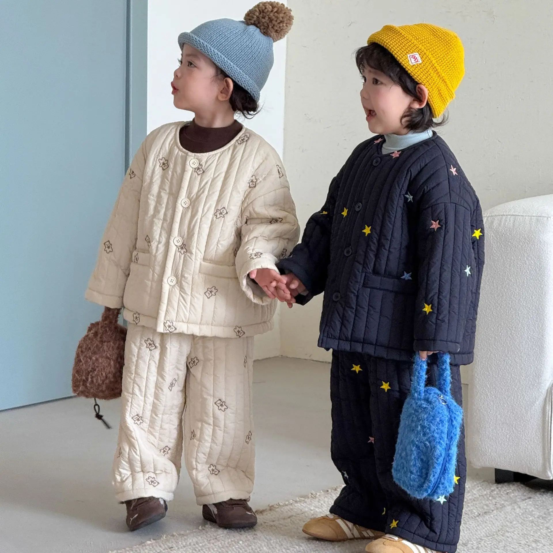 Children Clothing with Velvet Set Winter Embroidery Boys and Girls Three-layer Cotton Jacket New Velvet Baby Cotton Jacket Pants
