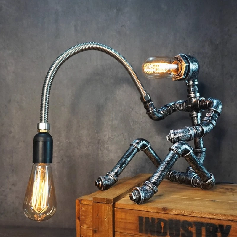 Industrial Pipe Desk Lamp, Retro Robot Arm Steampunk Light with Dimmable Bulb, Unique Gift for Men, Office Cafe Bar Decor