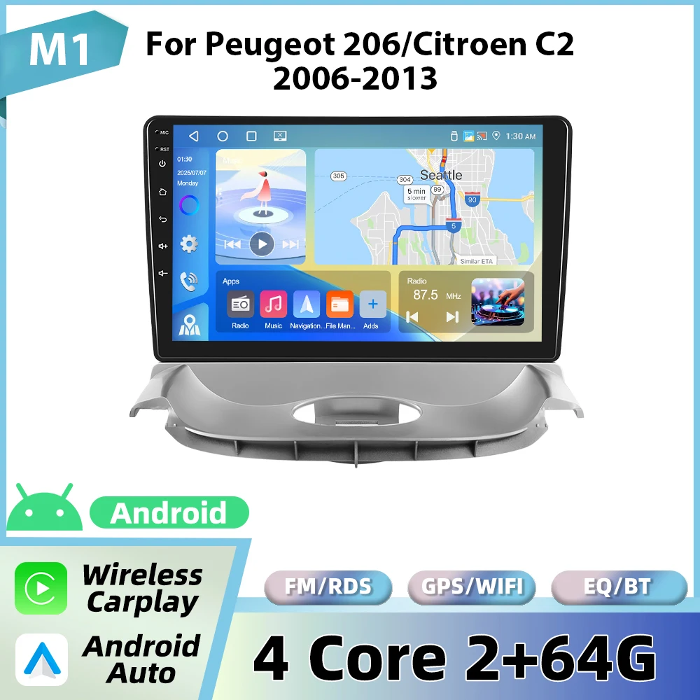 Podofo autoradio voor Peugeot 206 2004-2008/Citroen C2 2006-2013 met draadloze CarPlay, Android Auto, GPS, FM, WiFi, BT en multimedia stereo.