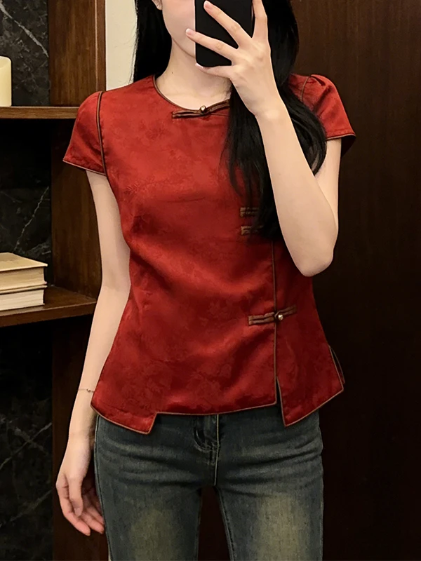 

Красная женская укороченная рубашка в новом китайском стиле, улучшенная модель, дышащая, приятная к телу, летняя, 2026, премиум-класс