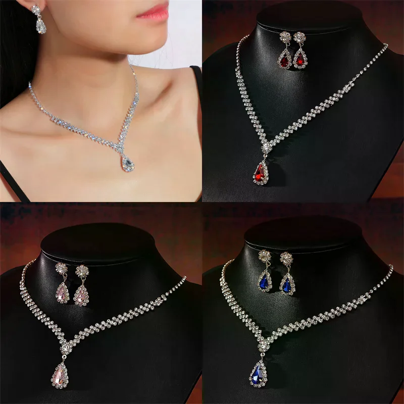 1Set Bridal Necklace Earrings Water Drop-shaped Rhinestone Jewelry Style Sparkling Jewelry Set For Wedding Party Gift
