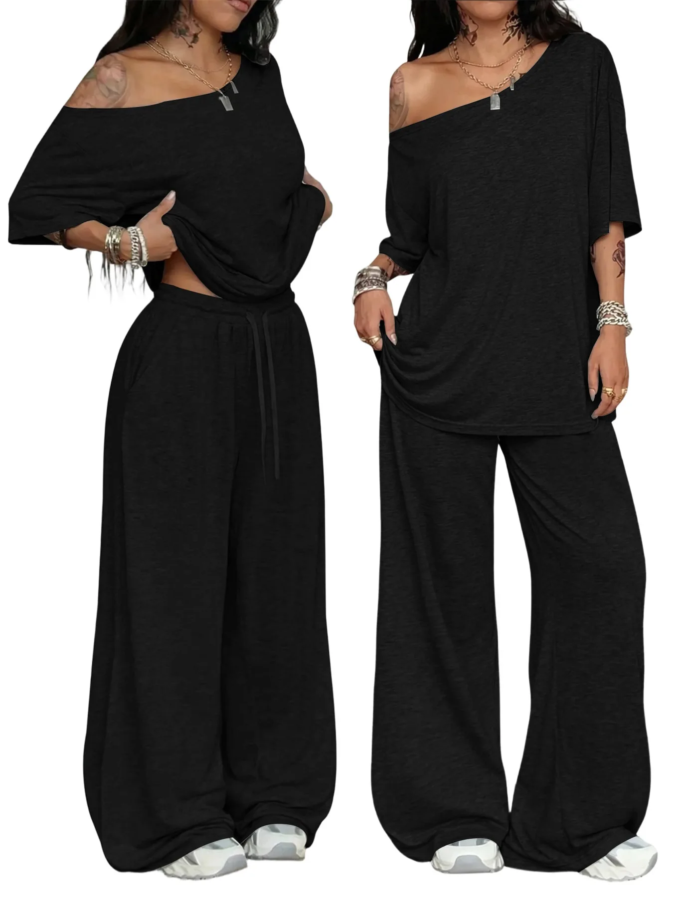 Loose Sexy Tops Wide Leg Pants Women Matching Sets Casual Sport Gym Yoga Fashion Autumn Homewear 2 Pieces Set Woman Clothes