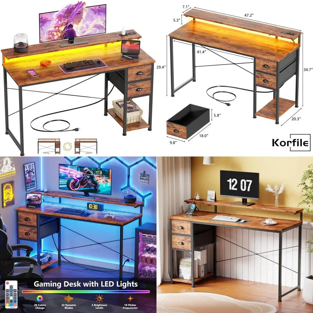 مكتب كمبيوتر بإضاءة LED مقاس 55 بوصة مع منافذ طاقة وأدراج تخزين وحامل شاشة لأعمال الكتابة في المكاتب المنزلية #1