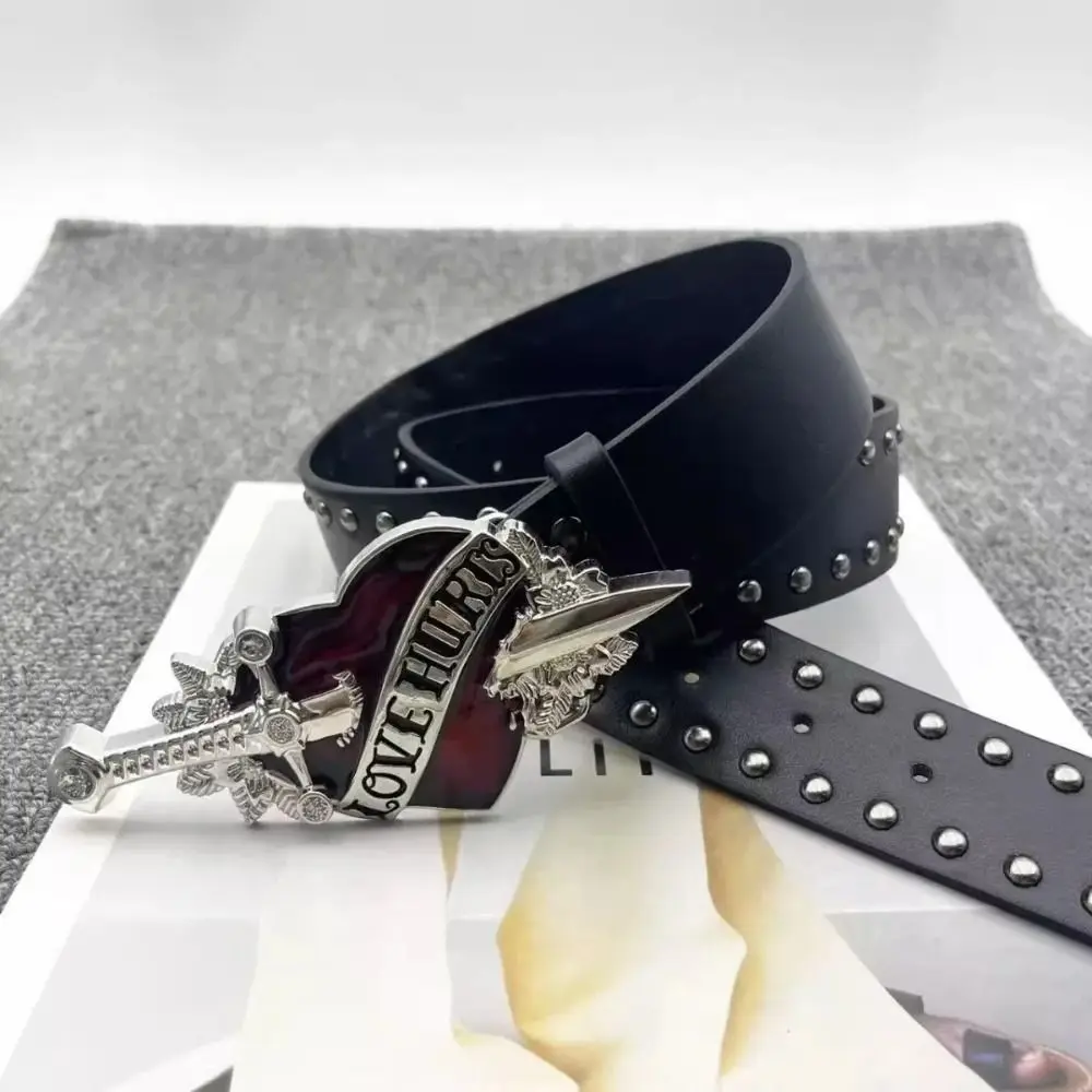 1Pcs Leather Sword Belt Red Heart Sword Design Rivet Belt Adjustable Buckle Goth Y2k Belt for Party Music Festival Daily Wear