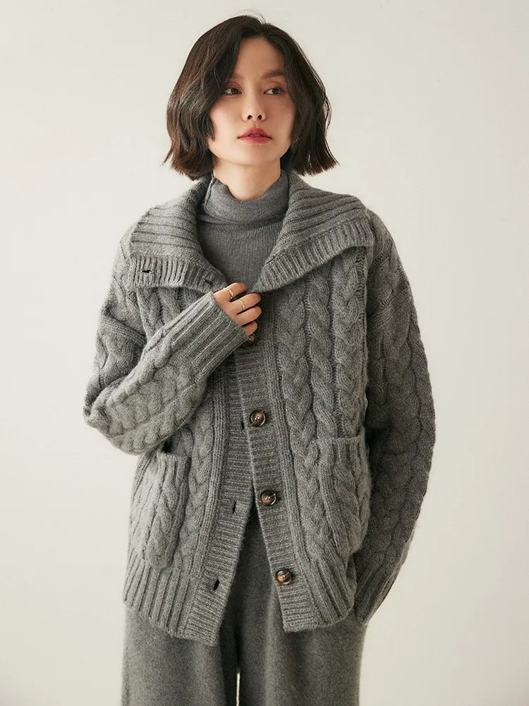 Heavyweight Women\'s 100% Cashmere Sweater Turtleneck Cable Knitting Cardigan Autumn Winter Thick Warm Cashmere Knitwear Vintage