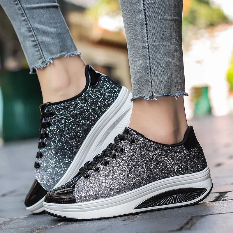 Gold Silver Women Fashion Trendy Sport Shoes Comfortable Walking Sneakers for Women New Luxury Height Increasing Shoes