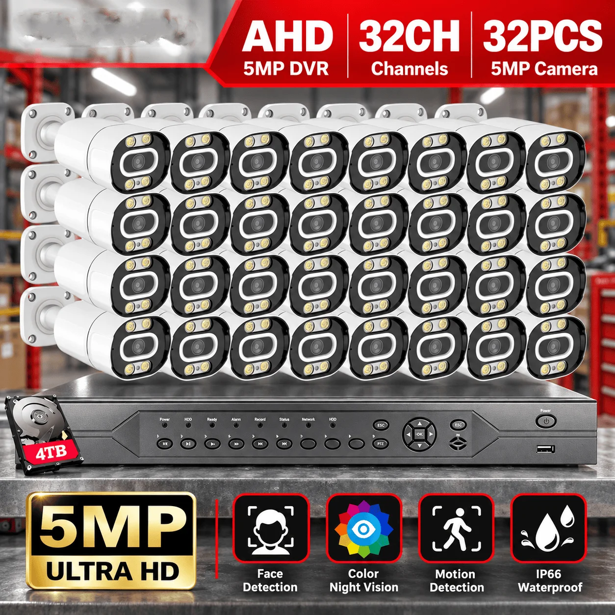 32 Channel AHD DVR Kit 5MP 32CH Outdoor Color Night Vision Analog CCTV System 32PCS BNC Bullet Surveillance Security Cameras