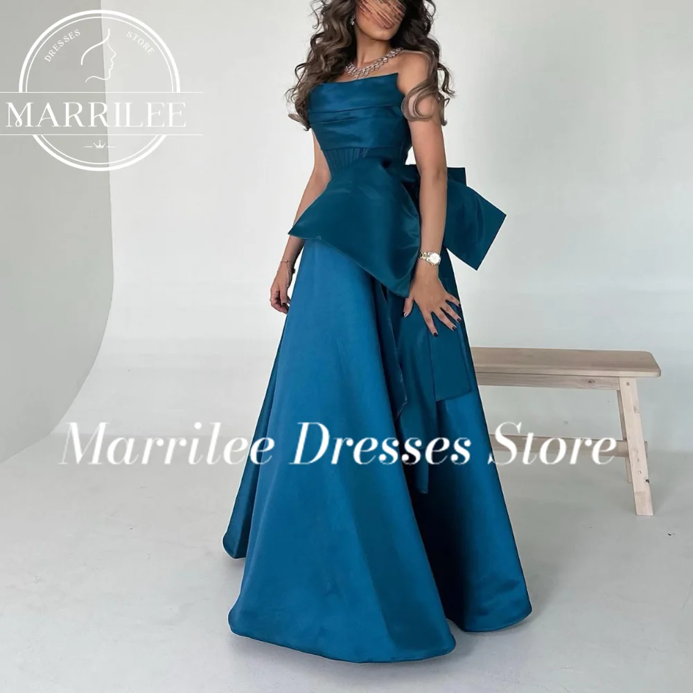 

Marrilee Customized Scoop A-Line Satin Solid Color Bow Zipper Back Floor Length Sweep Train Elegant Party Evening Dresses Woman