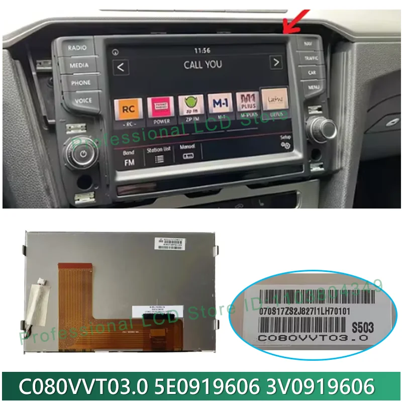 Original 8 Inch LCD Display Screen For MIBSkoda Octavia 5E0919606 3V0919606 5G0919606 Replacement LCD C080VVT03.0 C080VVT03