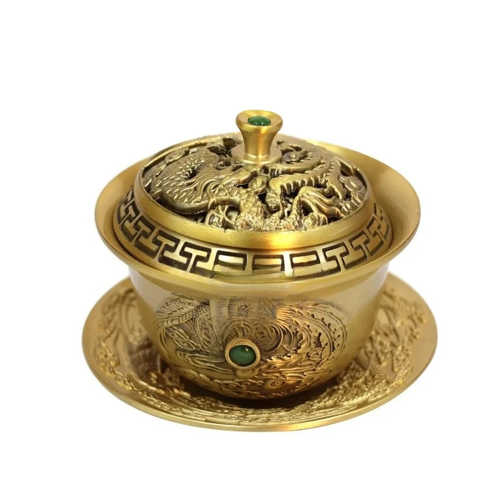 tea set, copper bowl for home furnishin Brass tea bowl, dragon and phoenix cover bowl, three-piece set of handicrafts ornaments