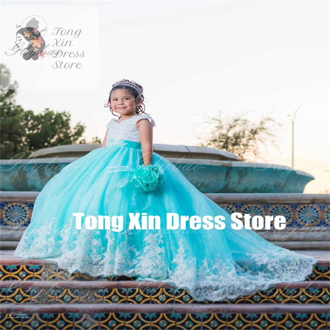 

Customized Lace Wedding Princess First Appliques Flower Girl Dresses Long V-neck For Communion Dress Toddlers Birthday Party Gow