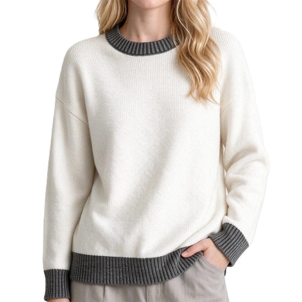 Loose Knit Pullover Sweater for Women Color Block Design Ribbed Fabric Round Neck Regular Length Spring to Winter