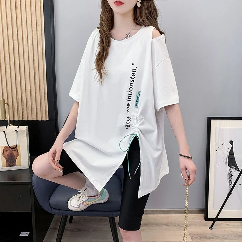 DAYIFUN O Neck Off Shoulder Short Sleeve Tshirts Women Summer Letter Print Irregular Slit Design Tees 2024 Loose Oversized Tops