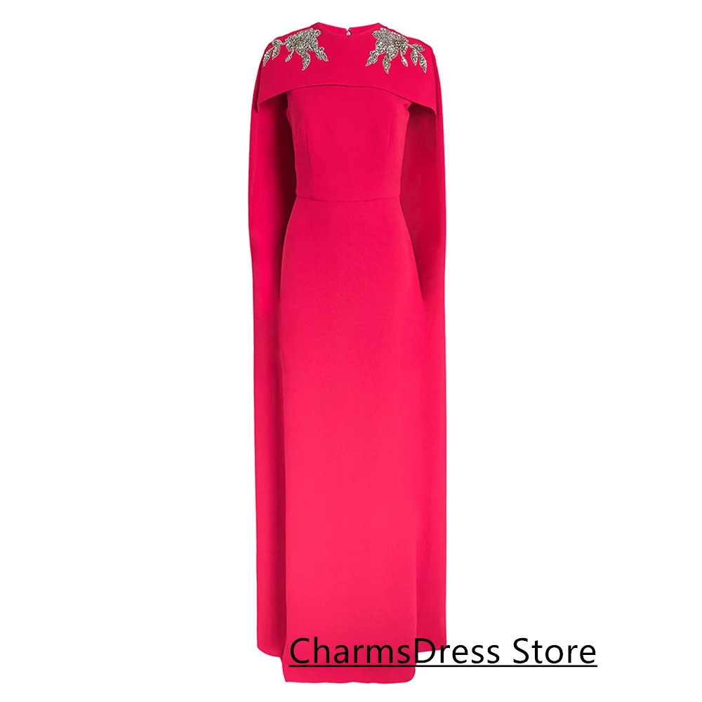Fuchsia ชุดราตรี Cape ที่กําหนดเองรอบคอลูกปัดคริสตัลตรงความยาวชั้น Arabian PARTY ชุดราตรี