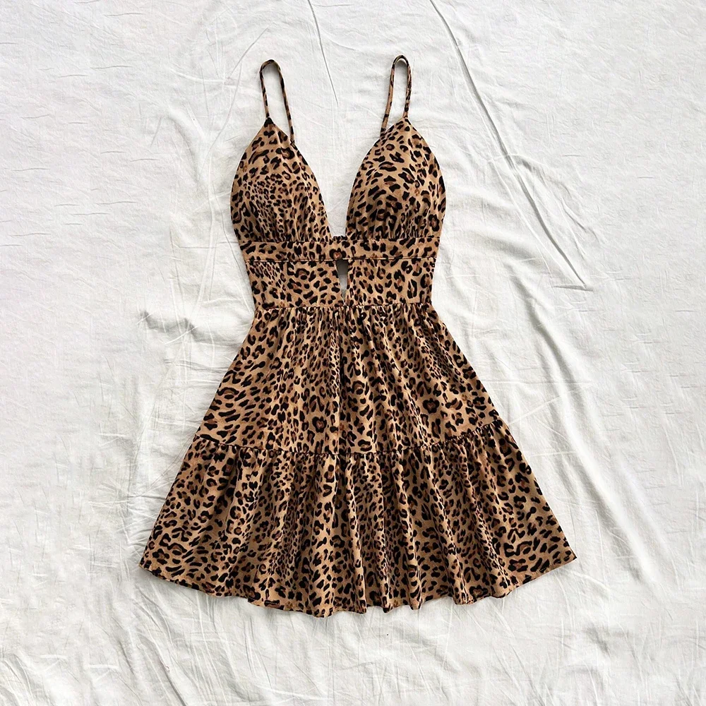 

Dresses Spring Summer Dating Fitting Slim Leopard Cut-Out Sleeveless Sweetheart Neck Mini Cami Dresses For Women