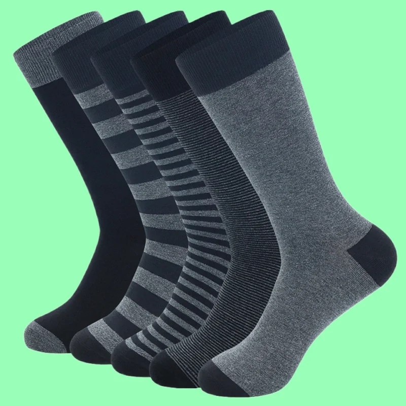 5 Pairs New High Quality Business Men Dress Stocking Brearthable Soft High Socks Black Gray Stripe Pure Men Cotton Socks