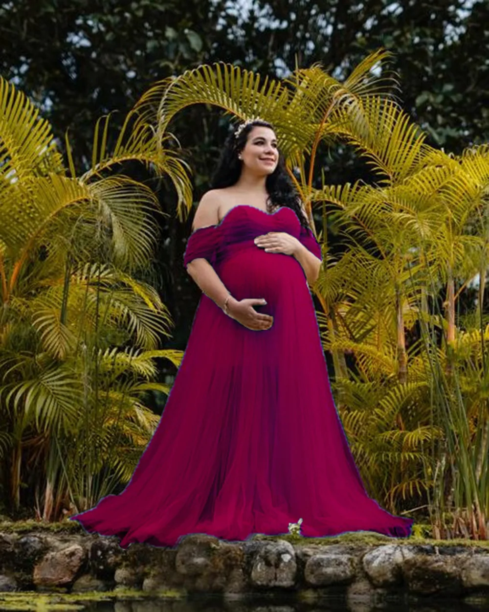 ALTERMaxi-Robe de Grossesse pour Femme Enceinte, Tenue Élégante à Manches Courtes, Sans Épaules, pour Séance Photo, 2024