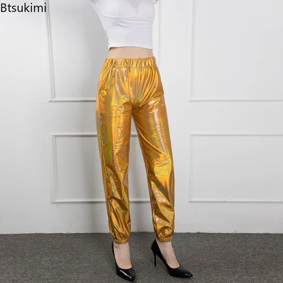 Women Holographic Hip Hop Faux Leather Metallic Loose Wide Leg Party Jazz Costume Cosplay Shiny Street Dance Trousers for Adult
