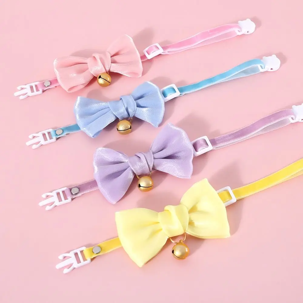 Cute Coloured Kitty Necklace Pearly-lustre Velvet Cat Collar Bow with Bell Outdoor Walking Grooming Supplies Pet Collar Cat Dog