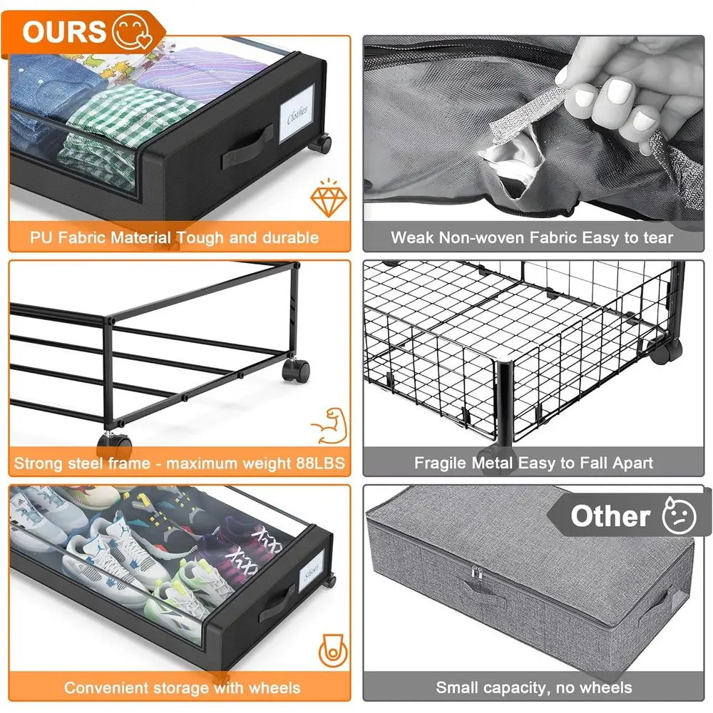 바퀴와 투명 뚜껑이 있는 4피스 XXL 침대 밑 수납 상자, 옷, 신발, 장난감용 65L 정리함 - 블랙