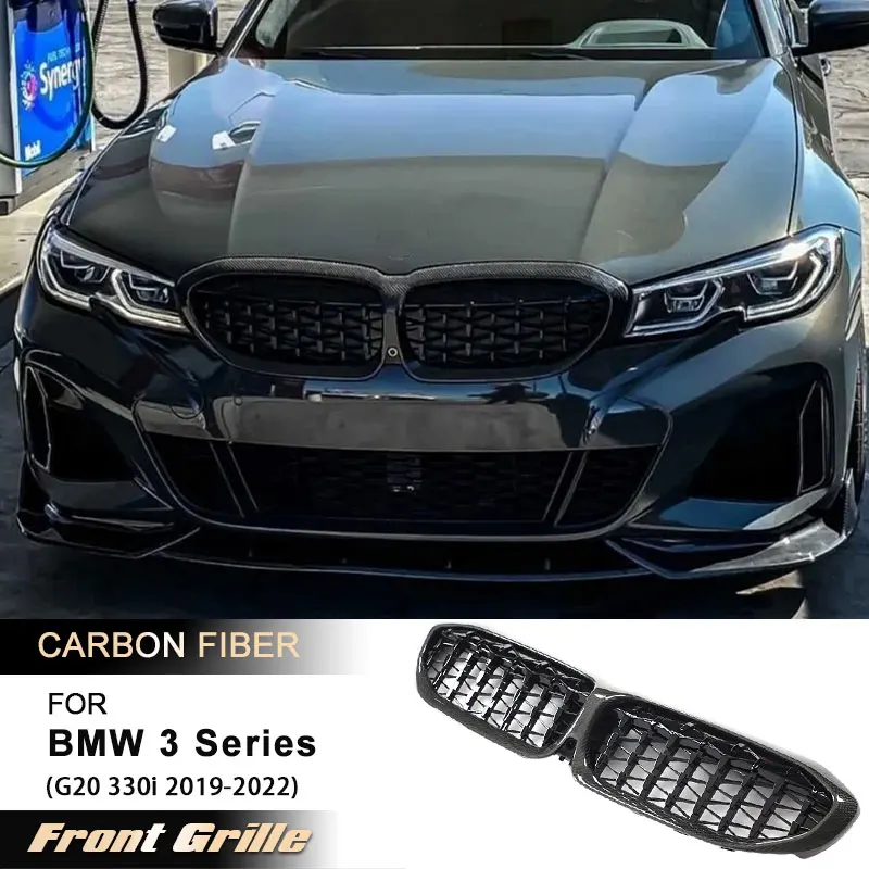 Car Front Bumper Grille for BMW 3 Series G20 330i 2019-2022 Racing Front Grill Grills Mesh Cover Body Kits Carbon Fiber with ABS