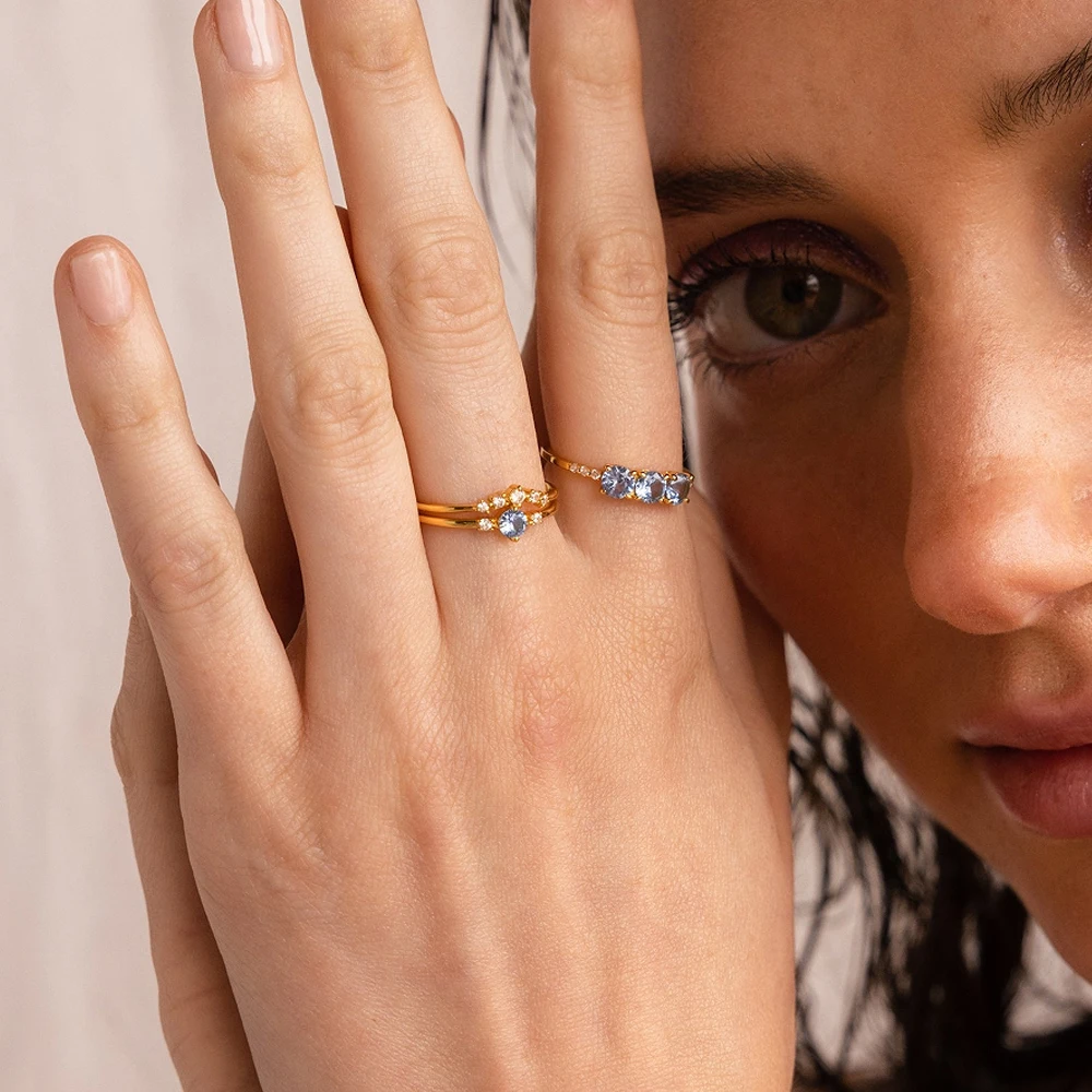 3Pcs/Set Gold Color Stacking Ring for Women 18K Gold Plated Light Blue Zircon Wedding Band Set Minimalist Fashion Jewelry