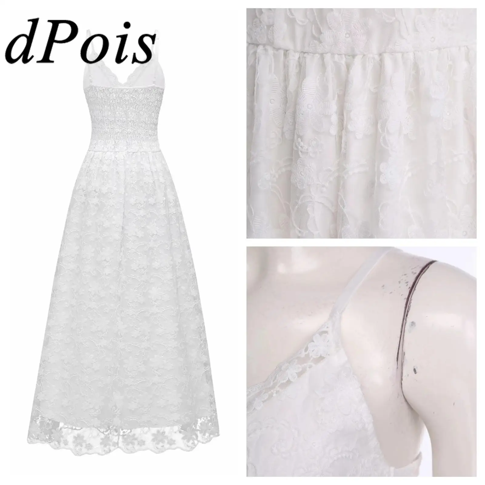 Womens Swing Dress Floral Lace Embroidered Maxi Dress V Neck High Waist A-line Sling Dress for Weddings Birthday Boho Beachwear