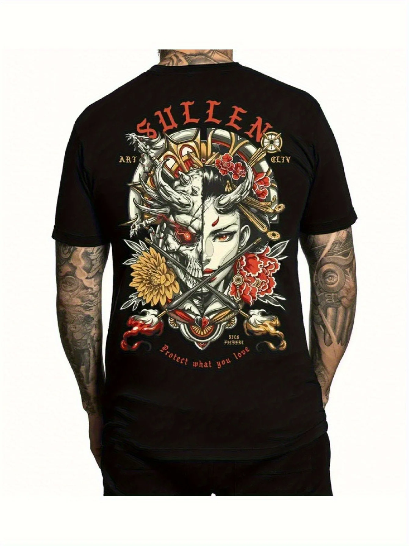Sullen Clothing Men's Nick Filbert Standard T-Shirt Tattoo Art Graphic Tee Dual Face Floral Motif Streetwear Summer Short Sleeve