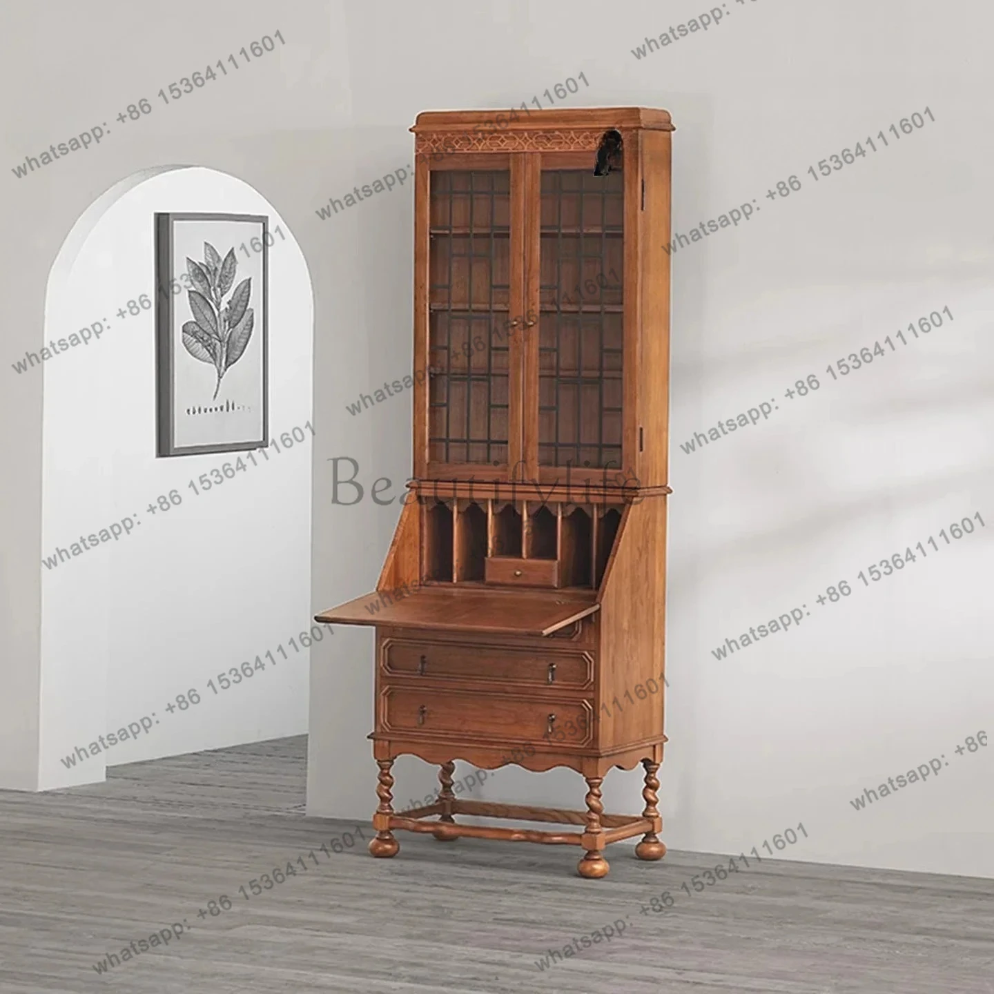 

French retro solid wood carved high secretary cabinet, Japanese antique display cabinet, storage wine cabinet